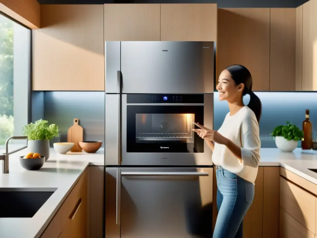 Interfaz por gestos y voz para electrodomésticos en una cocina moderna con estética minimalista y toque futurista, bañada en luz natural