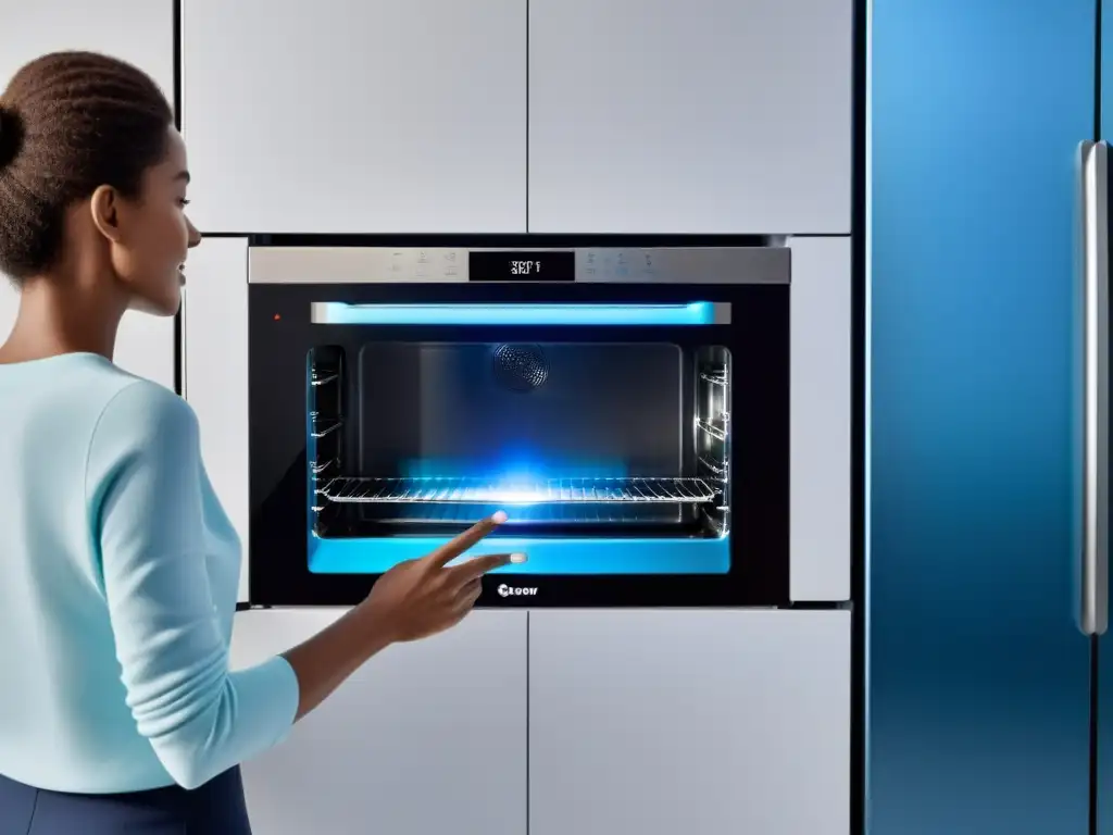 Interfaz por gestos y voz para electrodomésticos en una cocina moderna con estilo futurista y elegante