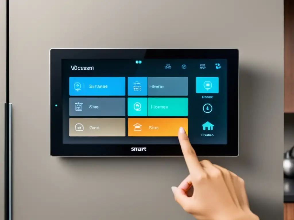 Una interfaz moderna y elegante de un panel de control para el hogar inteligente, con un usuario ajustando la configuración en una pantalla táctil