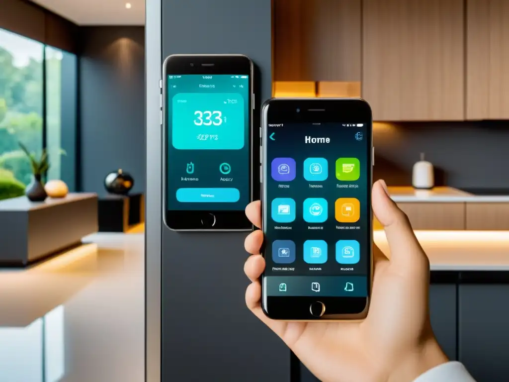 Interfaz de smartphone moderna y elegante para gestionar electrodomésticos inteligentes en un hogar contemporáneo
