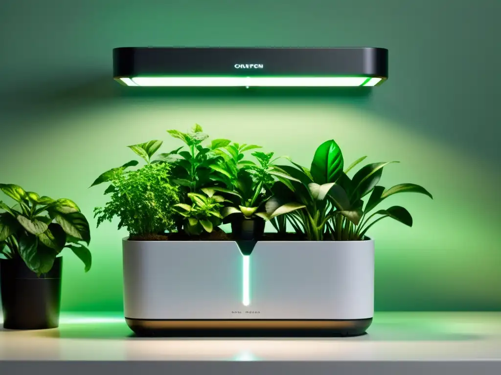 Un jardín interior automatizado de alta tecnología con diseño futurista y plantas exuberantes