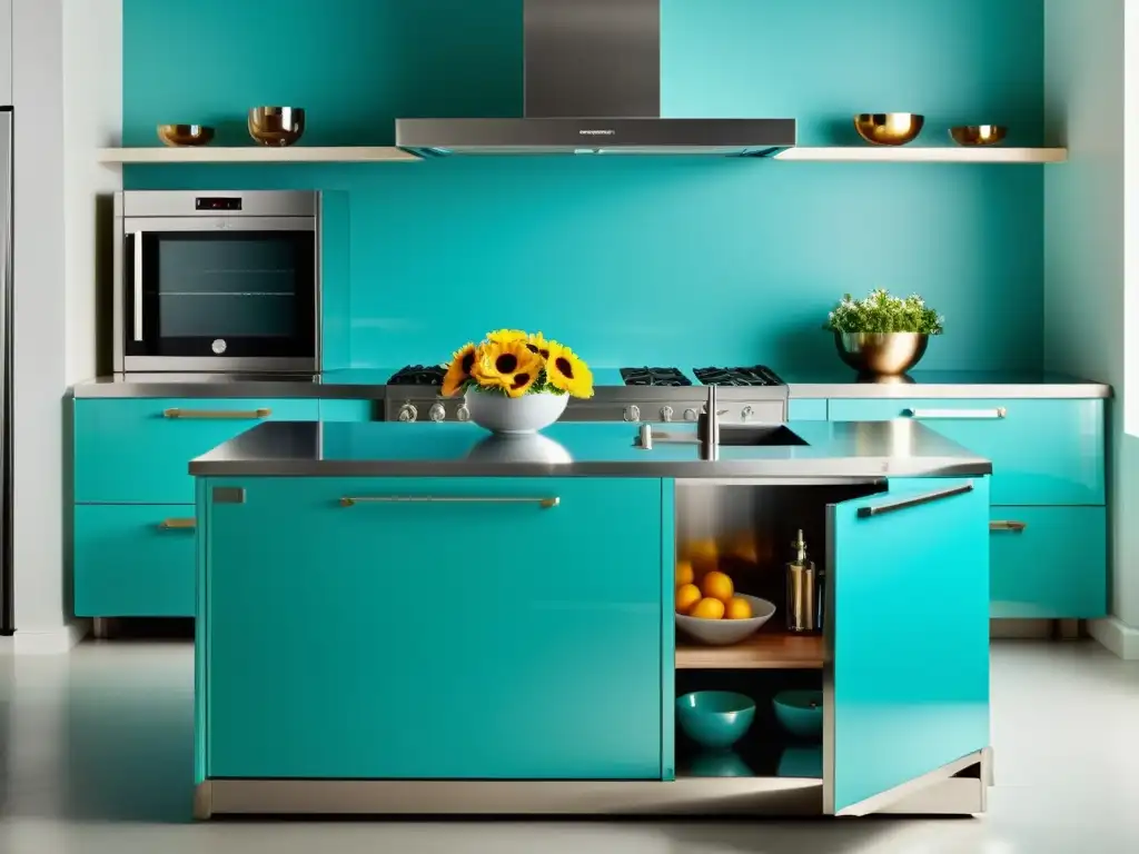 Isla de cocina moderna con puertas de refrigerador vintage transformadas en muebles funcionales, iluminada por luces colgantes