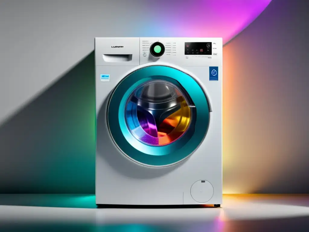 Una lavadora moderna con tecnología Inverter, mostrando su eficiencia con ropa colorida en su interior