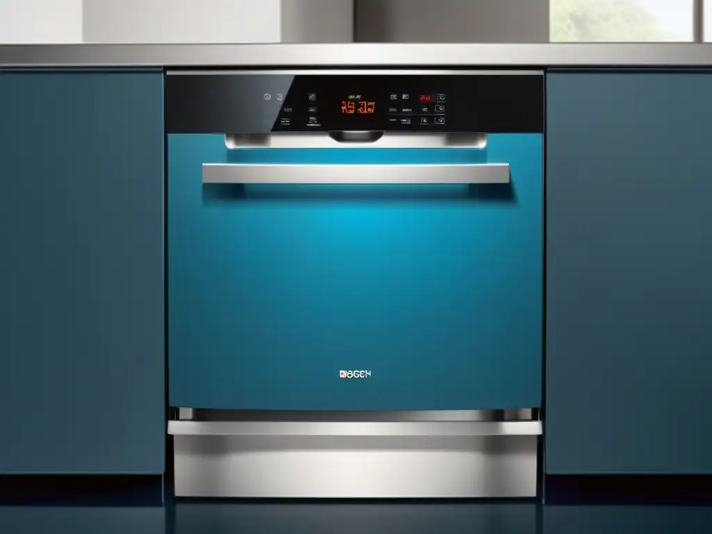 Un lavavajillas Bosch moderno y eficiente con tecnología avanzada, iluminando la cocina con un suave resplandor azul