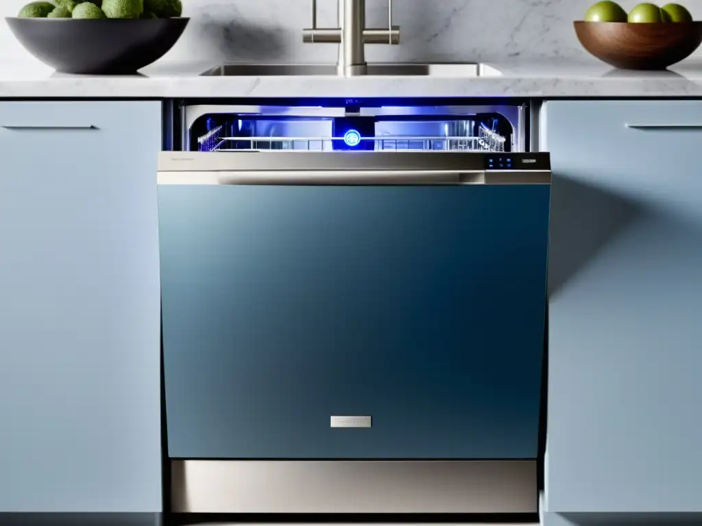 Un lavavajillas moderno y elegante con acabado de acero inoxidable, iluminado con LED azul en una cocina sofisticada