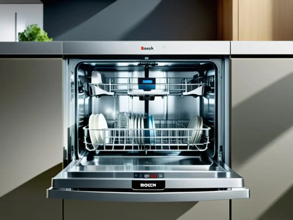 Un lavavajillas Bosch moderno y elegante en un entorno de cocina elegante, con tecnología avanzada y eficiencia en el uso de agua y energía