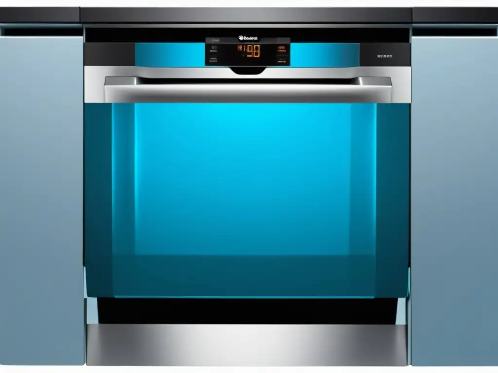 Lavavajillas moderno con panel táctil, luz azul suave y diseño hightech Un lavavajillas moderno con panel táctil iluminado en azul, reflejando tecnología y diseño
