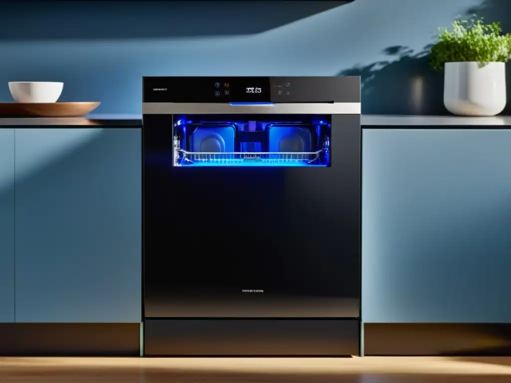Lavavajillas moderno con panel táctil iluminado Un lavavajillas moderno con panel táctil iluminado en una cocina contemporánea