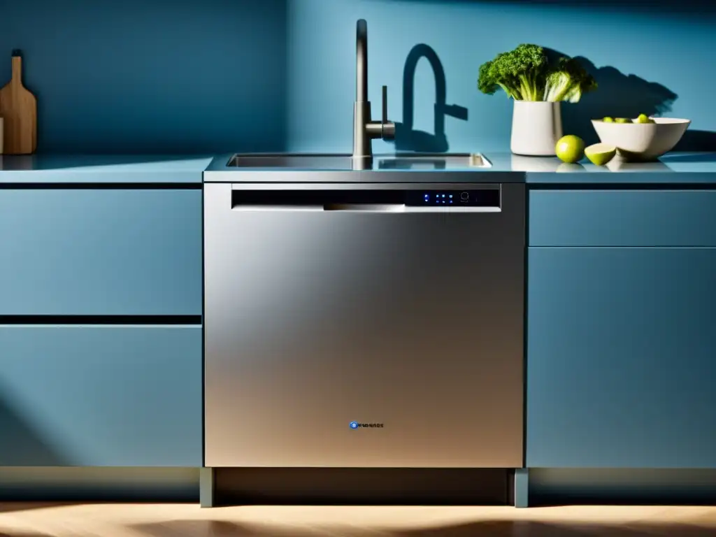 Lavavajillas de Acero Inoxidable: Elegancia y Tecnología Un lavavajillas moderno con panel táctil, acero inoxidable brillante y luces suaves