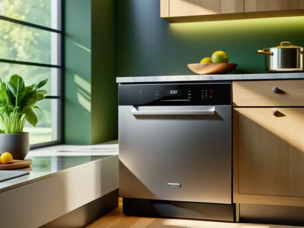 Diseño moderno: lavavajillas negro en cocina luminosa Un lavavajillas moderno con paneles táctiles negros en una cocina espaciosa y soleada, mostrando platos relucientes