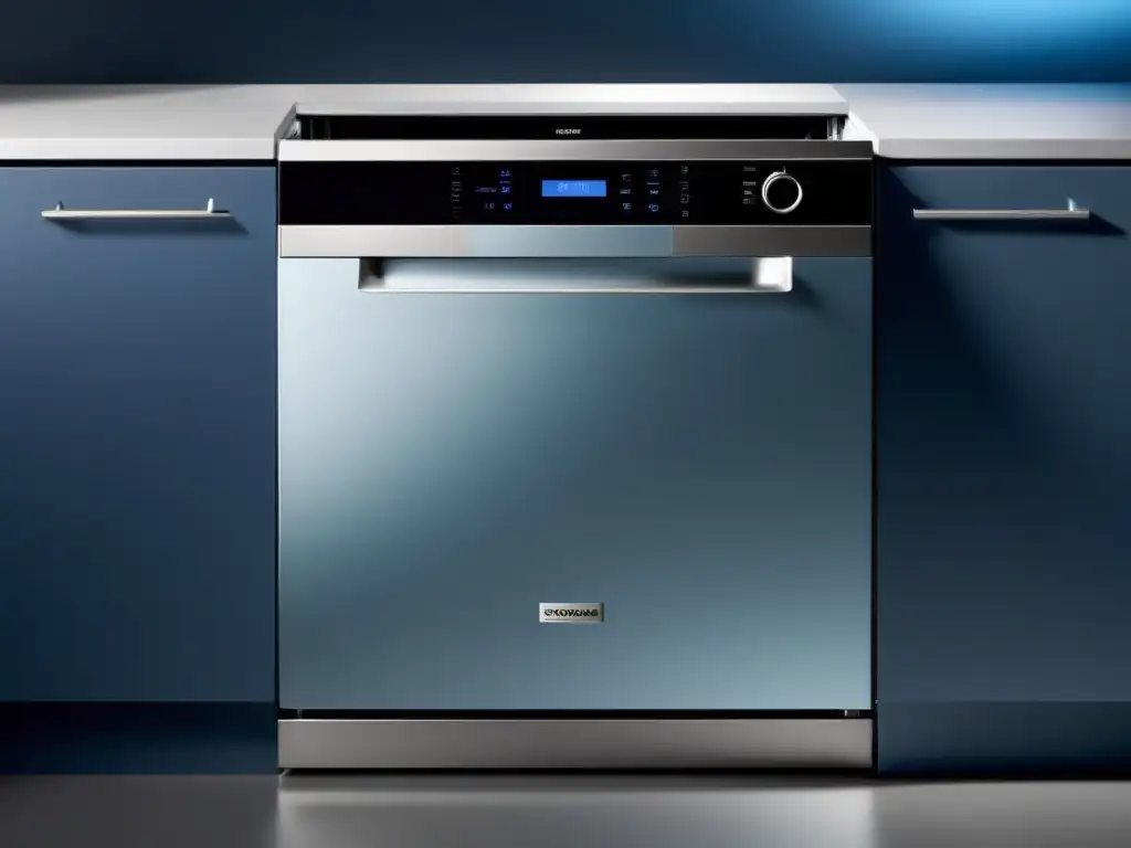 Lavavajillas touch panel: sofisticación y eficiencia Un lavavajillas moderno con paneles táctiles iluminados en azul, elegante y futurista