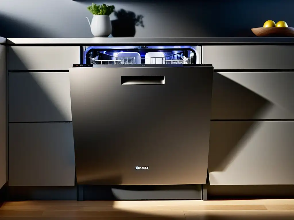 Lavavajillas negro de acero inoxidable: tecnología avanzada y comodidad Un lavavajillas moderno con paneles táctiles iluminados en una cocina contemporánea