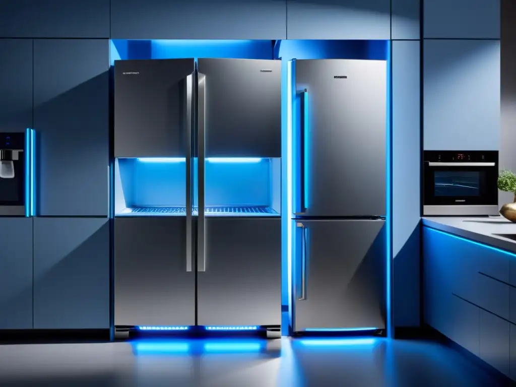 Cocina moderna con luces LED resaltando electrodomésticos Luces LED iluminan electrodomésticos en cocina moderna, creando ambiente futurista y elegante en hogar