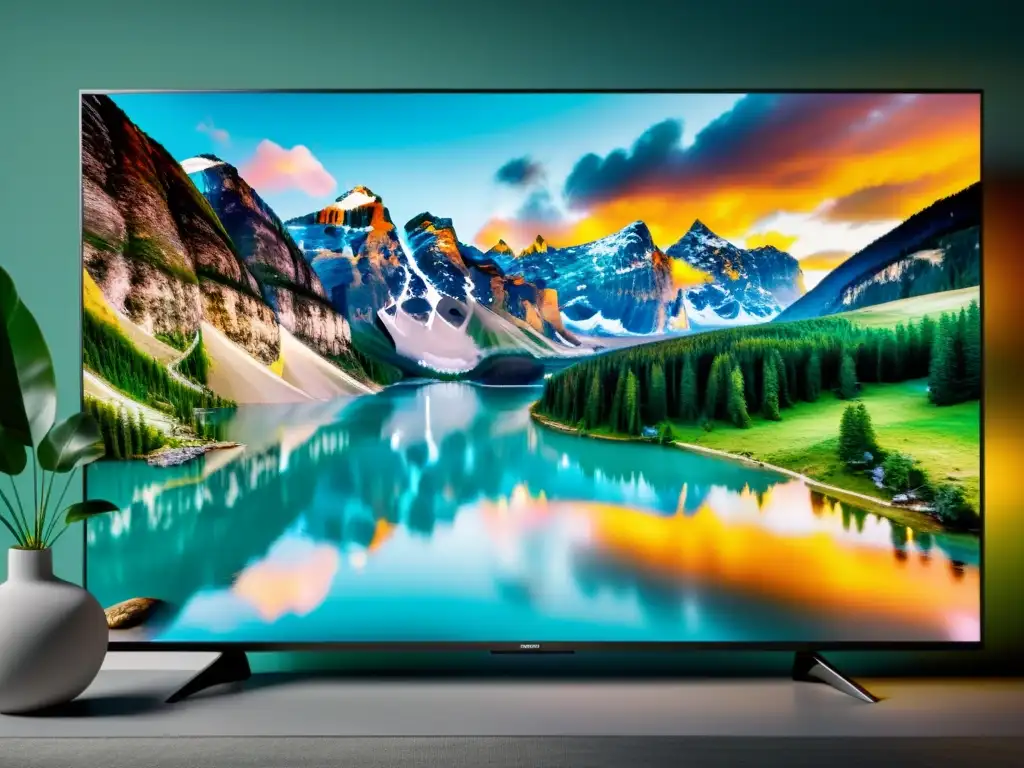 Invertir en Smart TV de lujo: Una imagen lujosa y sofisticada de un televisor 8K UltraHD montado en la pared, rodeado de iluminación ambiental que resalta su pantalla vibrante y sus bordes delgados, mostrando una escena natural impresionante con colores vívidos y detalle real