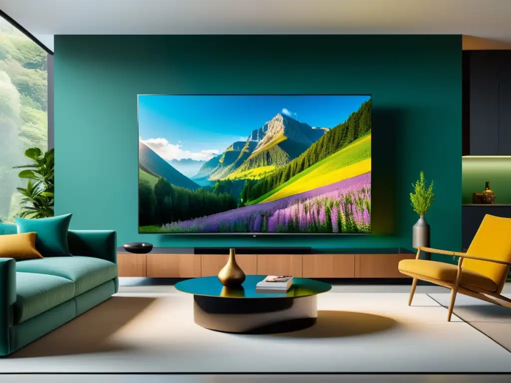 Invertir en Smart TV de lujo en un moderno salón con elegante diseño minimalista y una pantalla deslumbrante de naturaleza realista en 8k