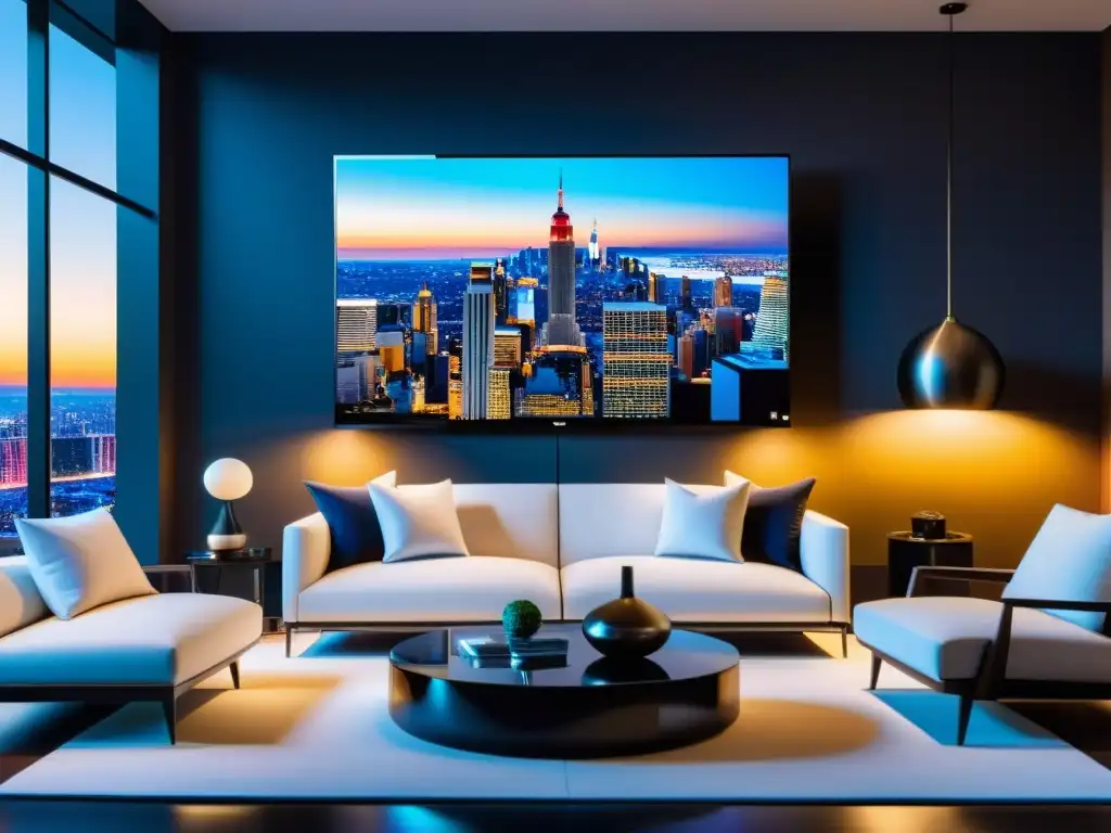 Invertir en Smart TV de lujo: Sala de estar moderna con TV 8K montada en la pared, mostrando una vibrante ciudad de noche