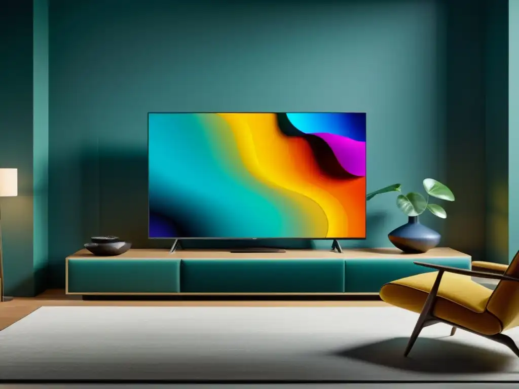 Invertir en Smart TV de lujo: Comparación de TVs de alta gama en una sala elegante con tecnología avanzada y colores vibrantes