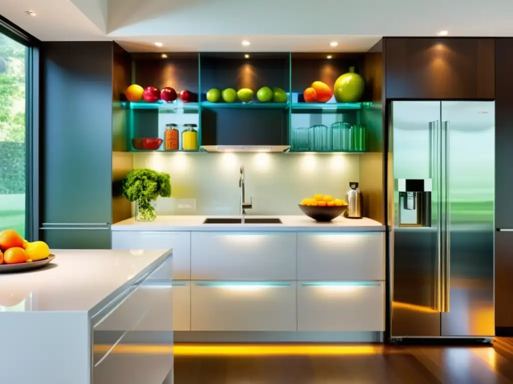 Una lujosa cocina moderna con elegantes electrodomésticos de cristal, organizados con frutas y verduras coloridas, bañados por una cálida luz interior