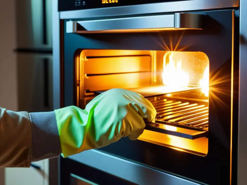 Cambiando la luz interior del horno con seguridad, iluminado por la suave luz del horno