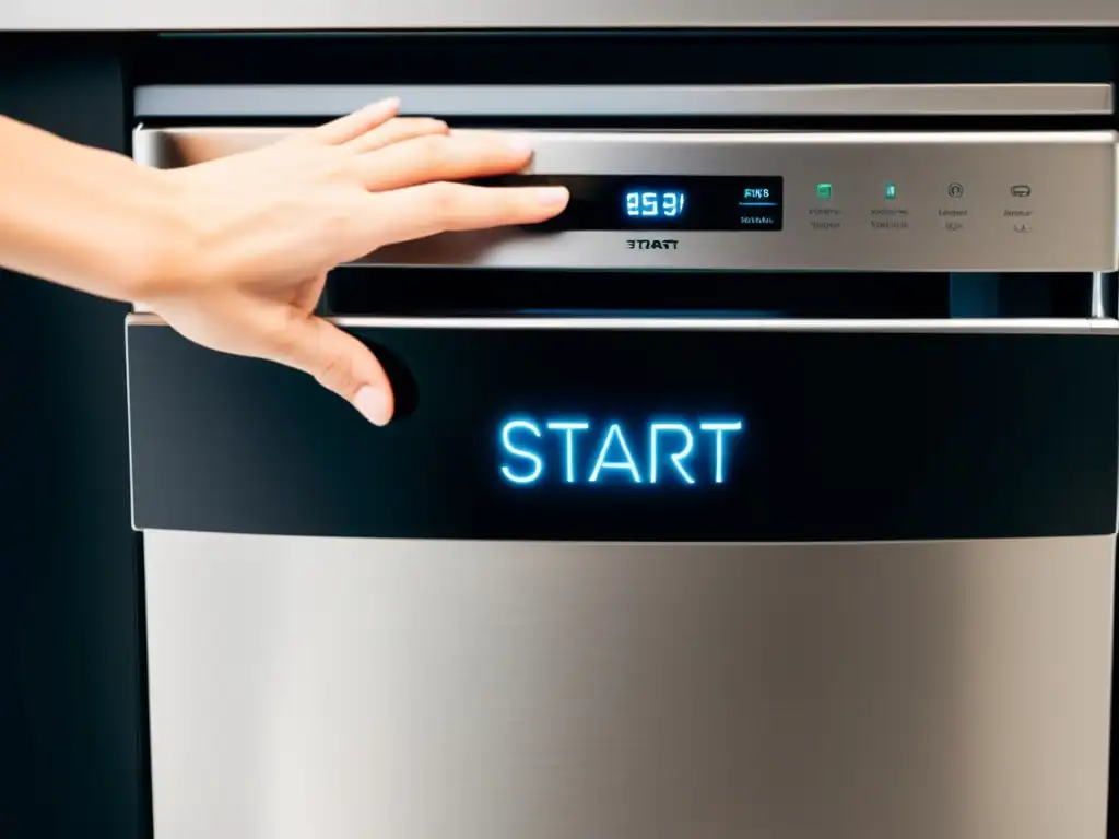 Inicio impecable: mano activando lavavajillas moderno Mano presionando el botón de inicio en un lavavajillas moderno, destacando su diseño contemporáneo