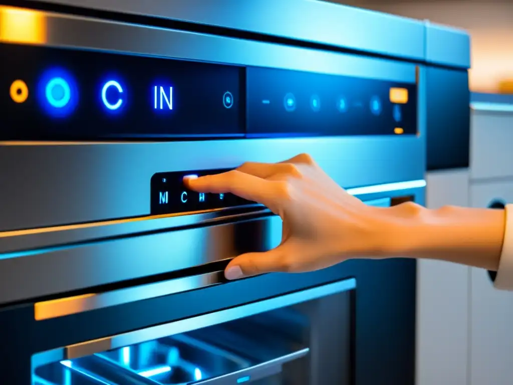 Mano activando botón de inicio en lavavajillas moderno Mano presionando el botón de inicio en panel de control de lavavajillas moderno, con diseño futurista y sensación de eficiencia