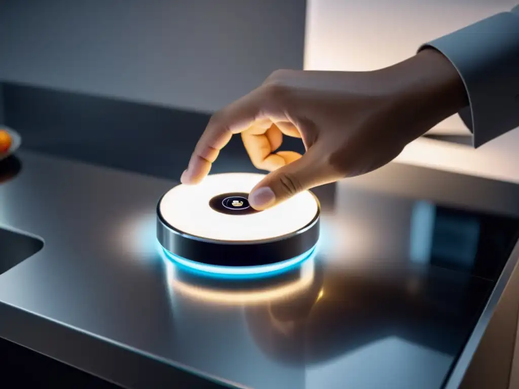 Mano presionando botón de reinicio en robot cocina moderno, con iluminación LED suave