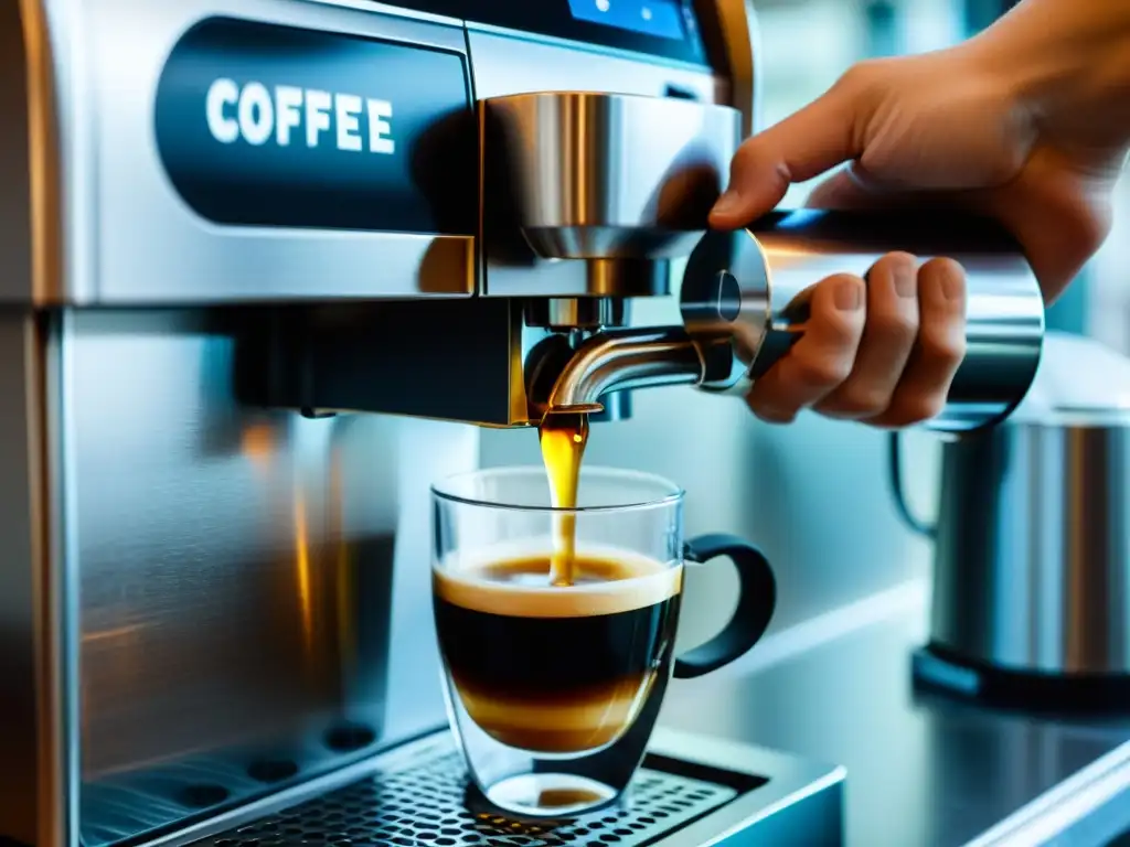 Mano descalcificando cafetera exprés, realzando sabor del café con líquido vibrante y moderno