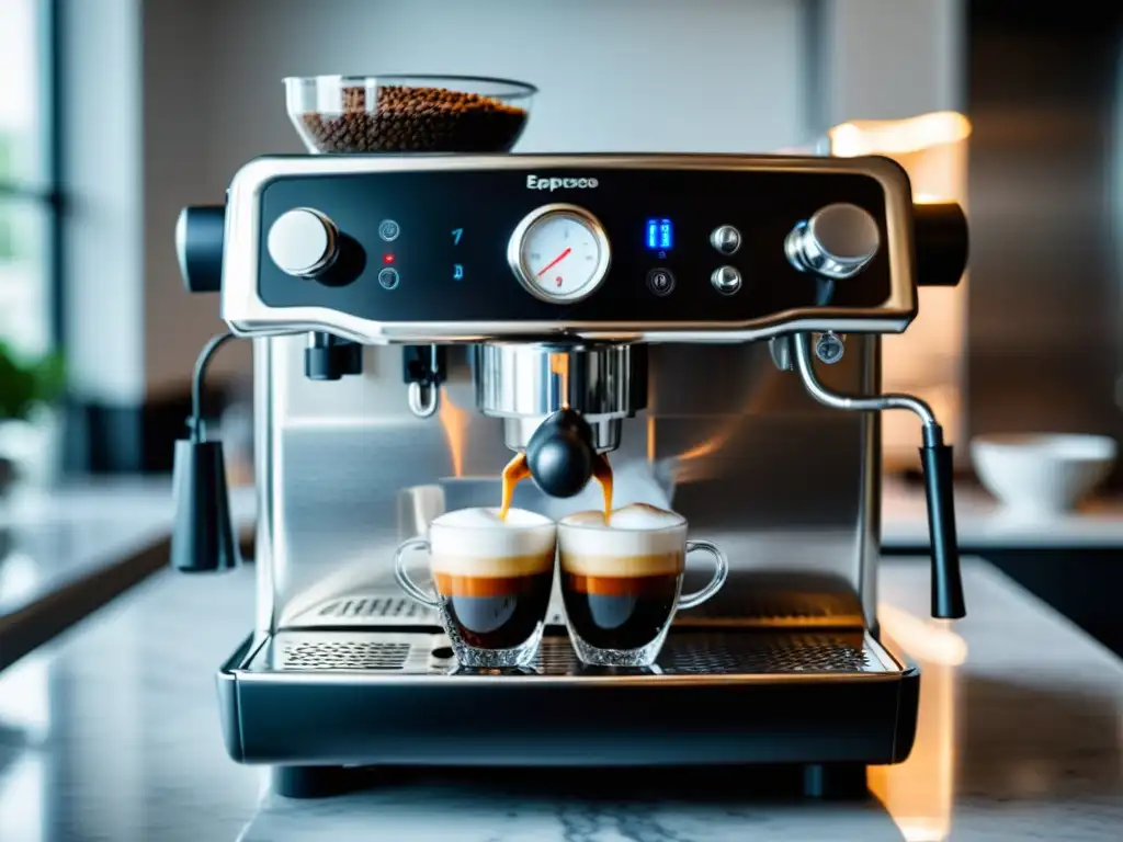 Mano sostiene cafetera exprés moderna con vapor, fondo cocina minimalista