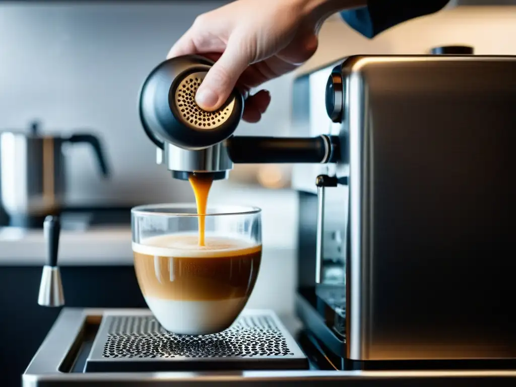 Mano vertiendo con cuidado solución descalcificadora en tanque de cafetera espresso, con burbujas formándose en el agua