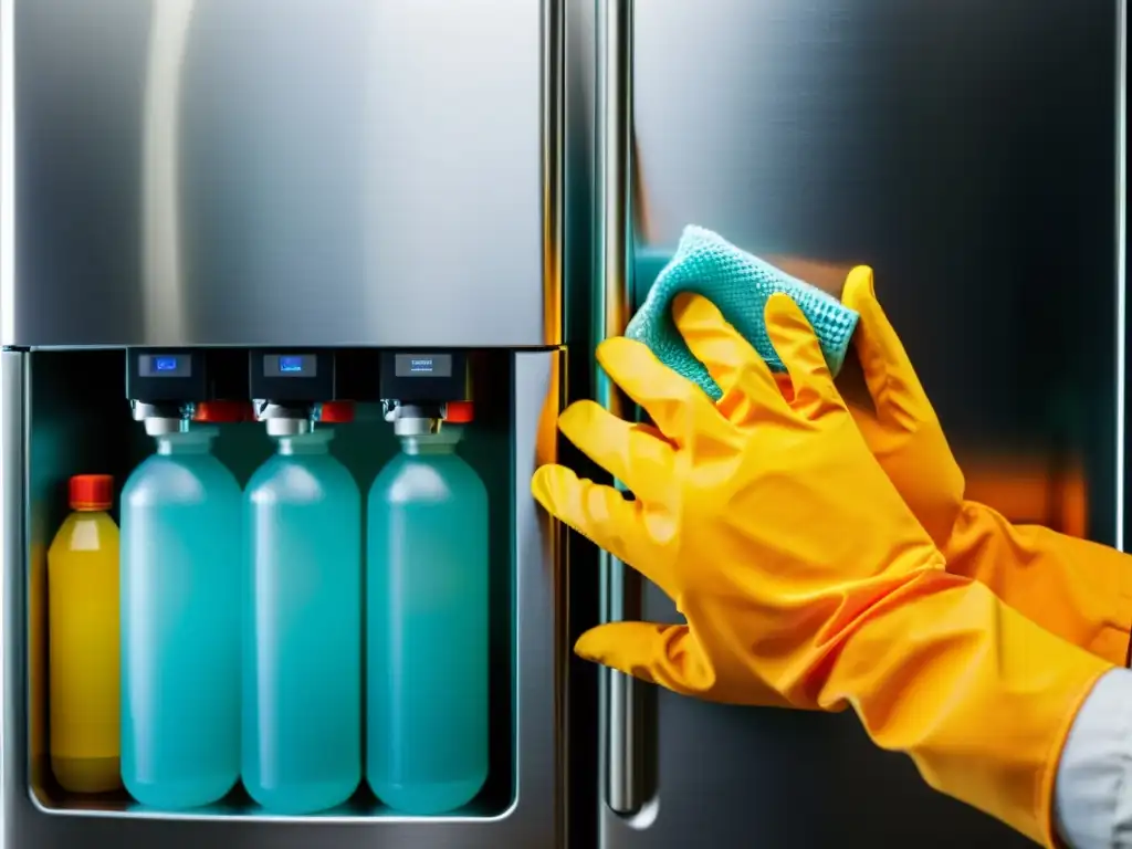 Mano desmontando con cuidado el dispensador de agua en un frigorífico moderno, con herramientas y piezas ordenadas