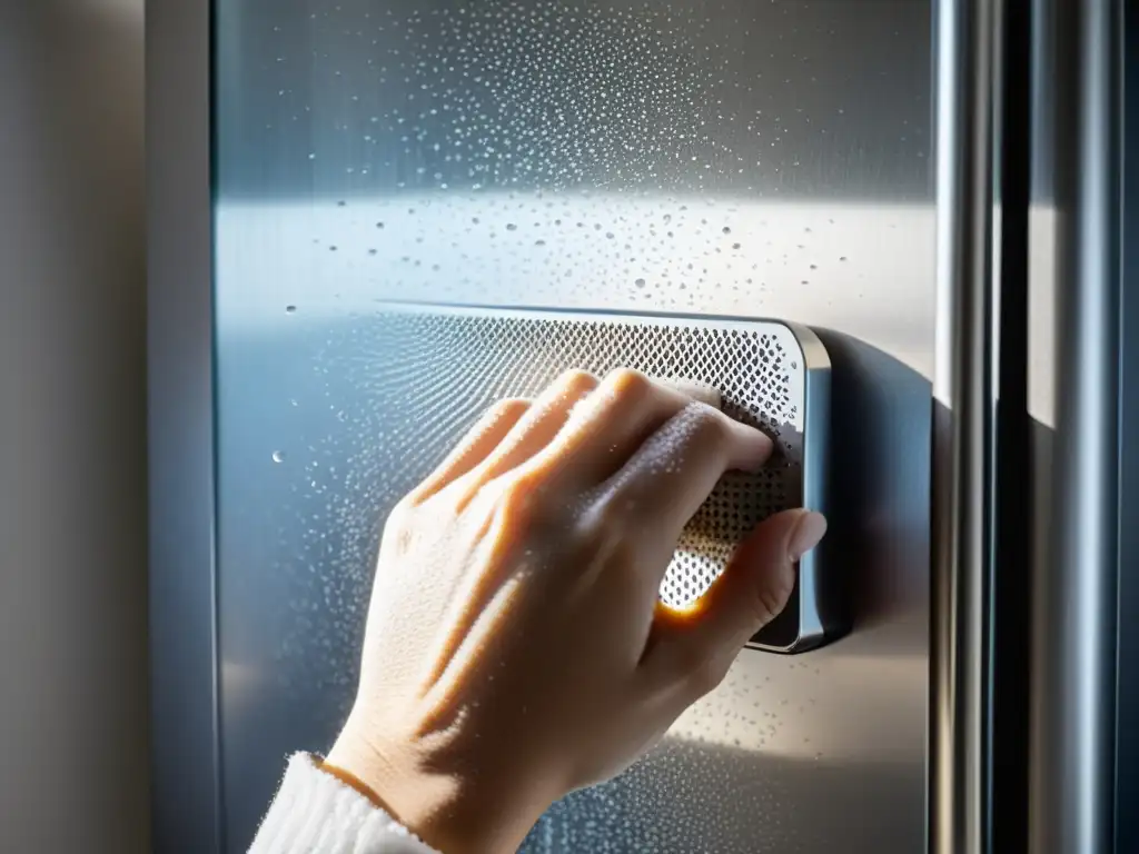 Mano cuidadosa limpia las bobinas de un refrigerador, reflejando el mantenimiento necesario para prolongar su vida útil