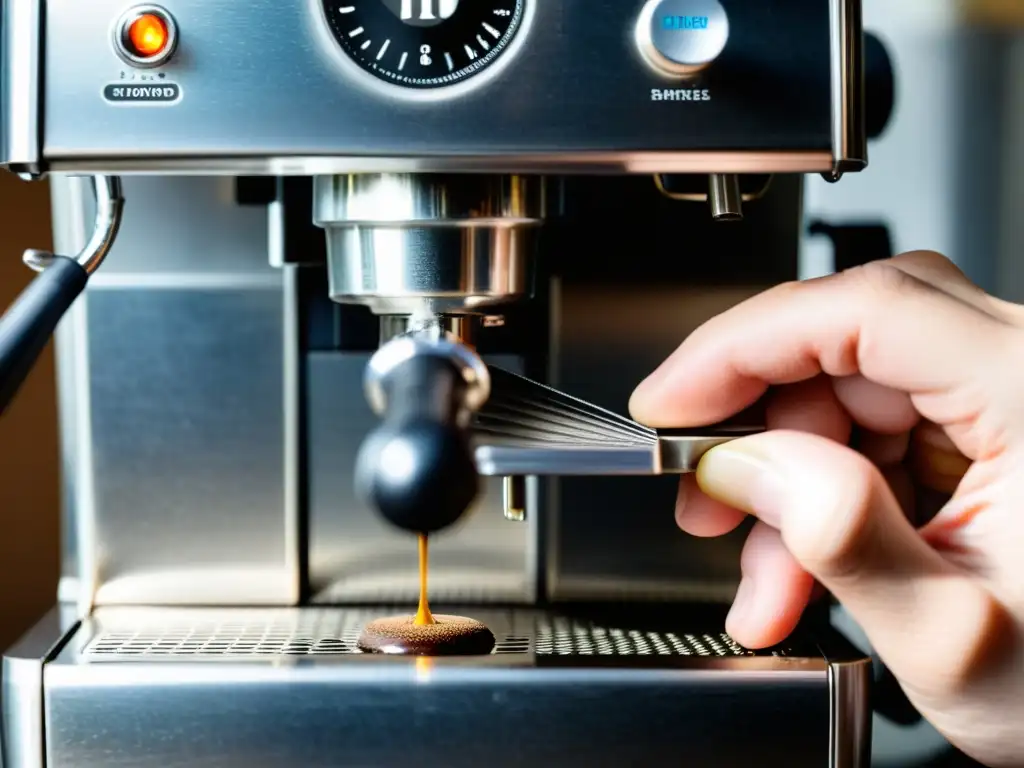 Mano detallada descalcificando cafetera exprés, revelando belleza del metal bajo la cal