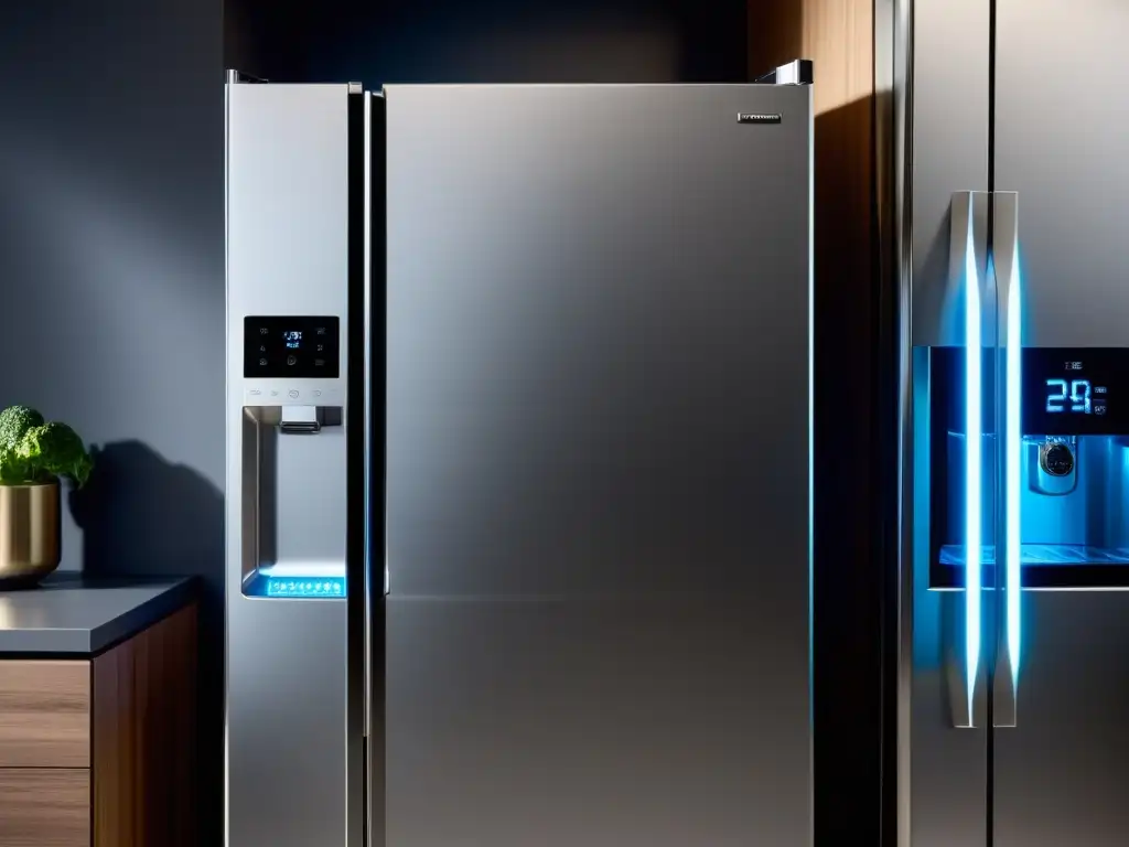 Mano ajustando el dial de temperatura en elegante refrigerador, integrando tecnología y hogar con mantenimiento preventivo electrodomésticos