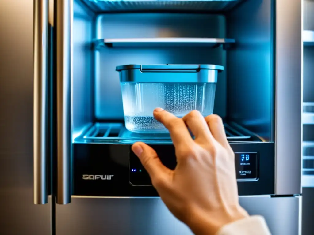 Mano reemplazando filtro de agua en moderno refrigerador, con gotas de agua y diseño contemporáneo