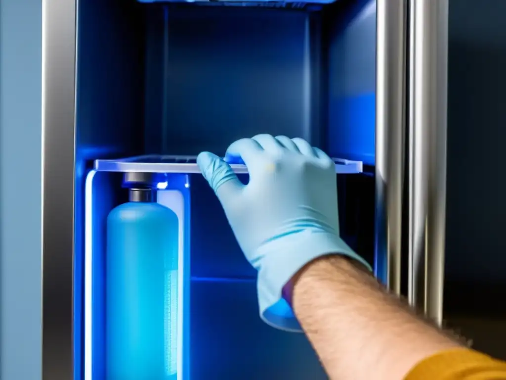 Mano con guante azul reemplazando filtro de agua en refrigerador, luz LED da sensación de frescura y limpieza