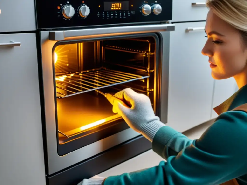 Mano con guante ajustando elemento calefactor en horno eléctrico