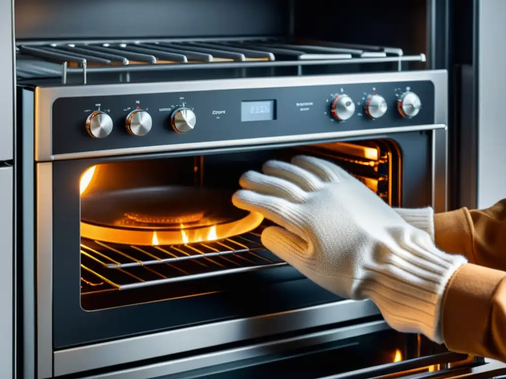 Mano con guante desmontando con precisión el interior de un horno moderno, mostrando sus detalles y tecnología