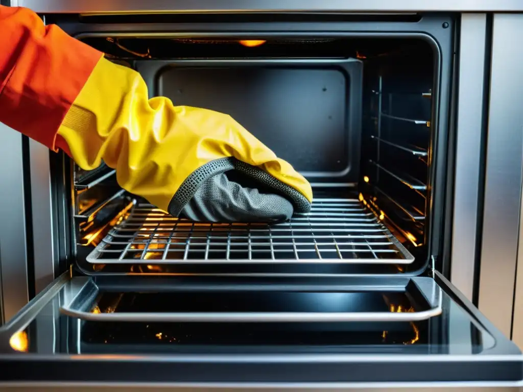 Mano con guante quitando rejillas de horno moderno para restauración función autolimpieza