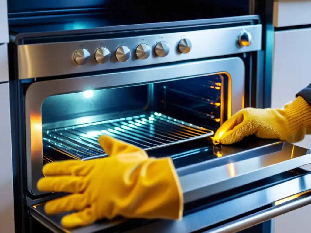 Mano con guante desenroscando tapa luz interior horno seguro, precisión y cuidado en el cambio