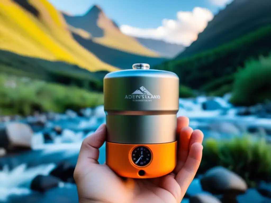 Mano sostiene purificador de agua portátil con paisaje de montaña al fondo, evocando aventura y seguridad en viajes