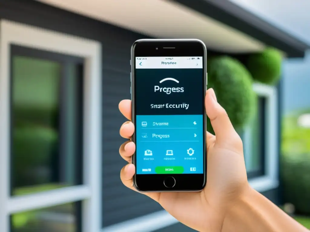 Mano sosteniendo smartphone con actualizaciones firmware seguridad hogar inteligente en pantalla, transmitiendo confianza y control