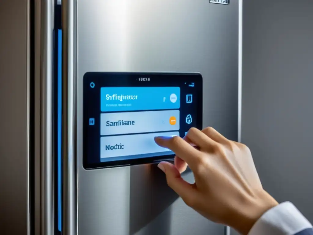 Mano usando smartphone para actualizar software en refrigerador inteligente, integrando tecnología