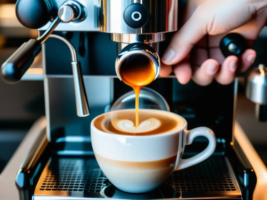 Mano sosteniendo una taza de espresso humeante frente a una elegante cafetera espresso