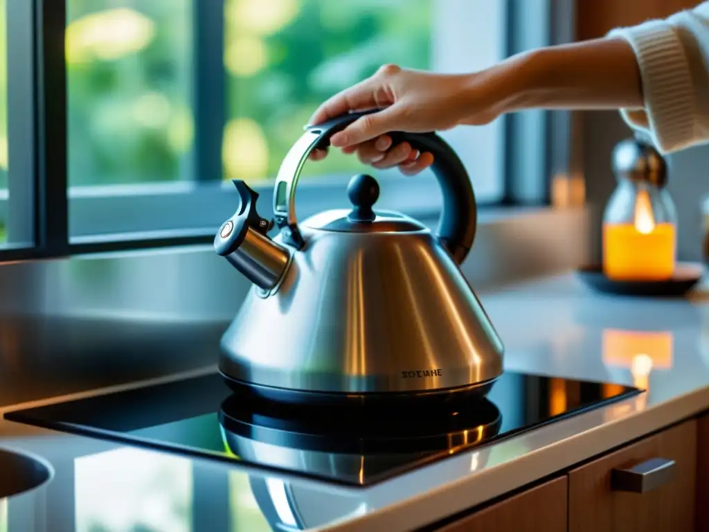 Mano colocando la tetera en la cocina moderna con luz natural