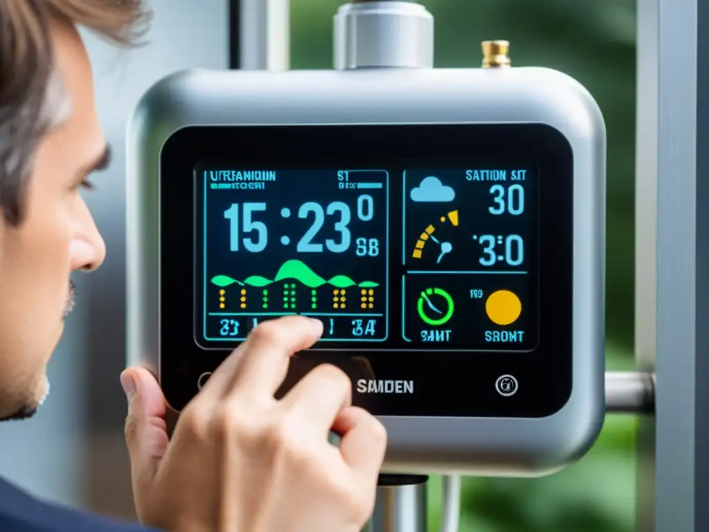 Manos limpiando con cuidado sensores de estación meteorológica doméstica