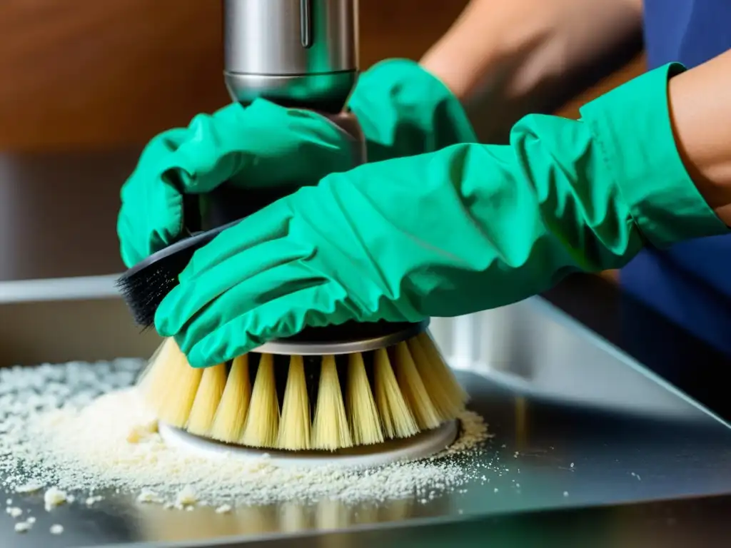 Manos con guantes realizan una limpieza profunda de una batidora desarmada para alargar su vida útil, en un entorno meticuloso y profesional