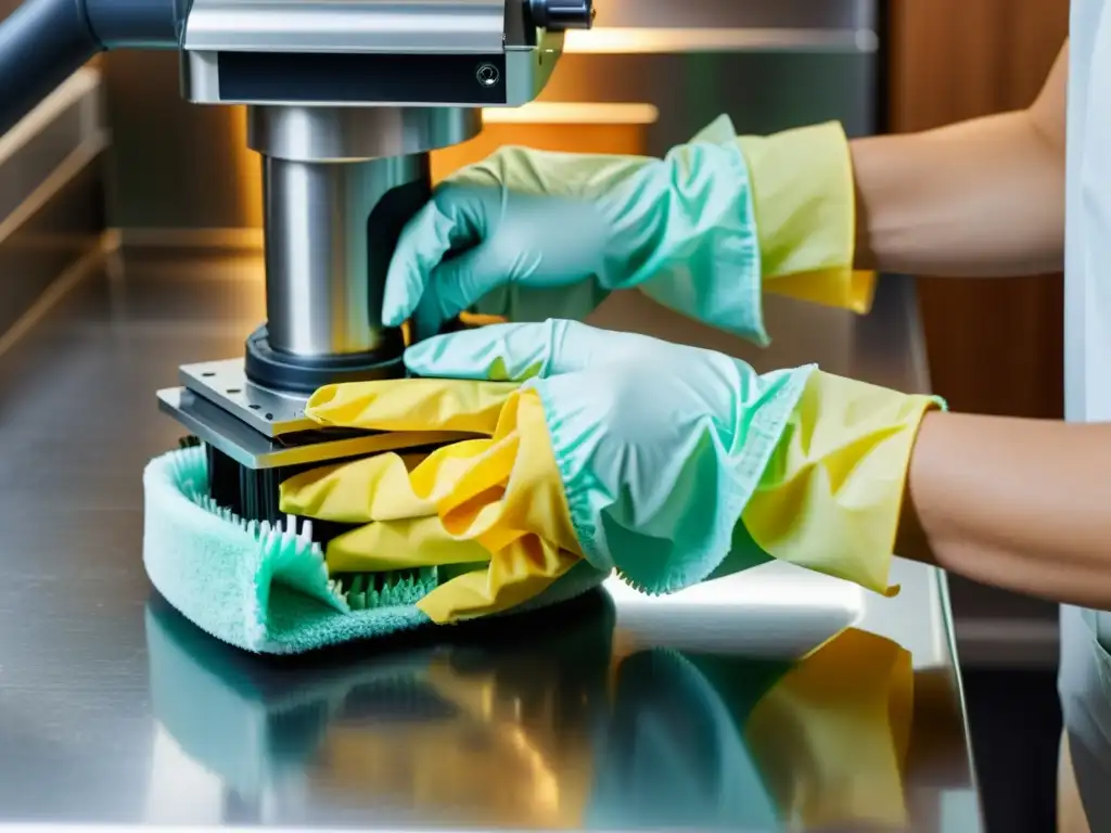 Manos con guantes limpiando meticulosamente un moderno robot de cocina