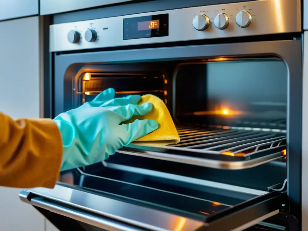 Manos limpiando meticulosamente el interior de un horno eléctrico, resaltando la importancia del mantenimiento