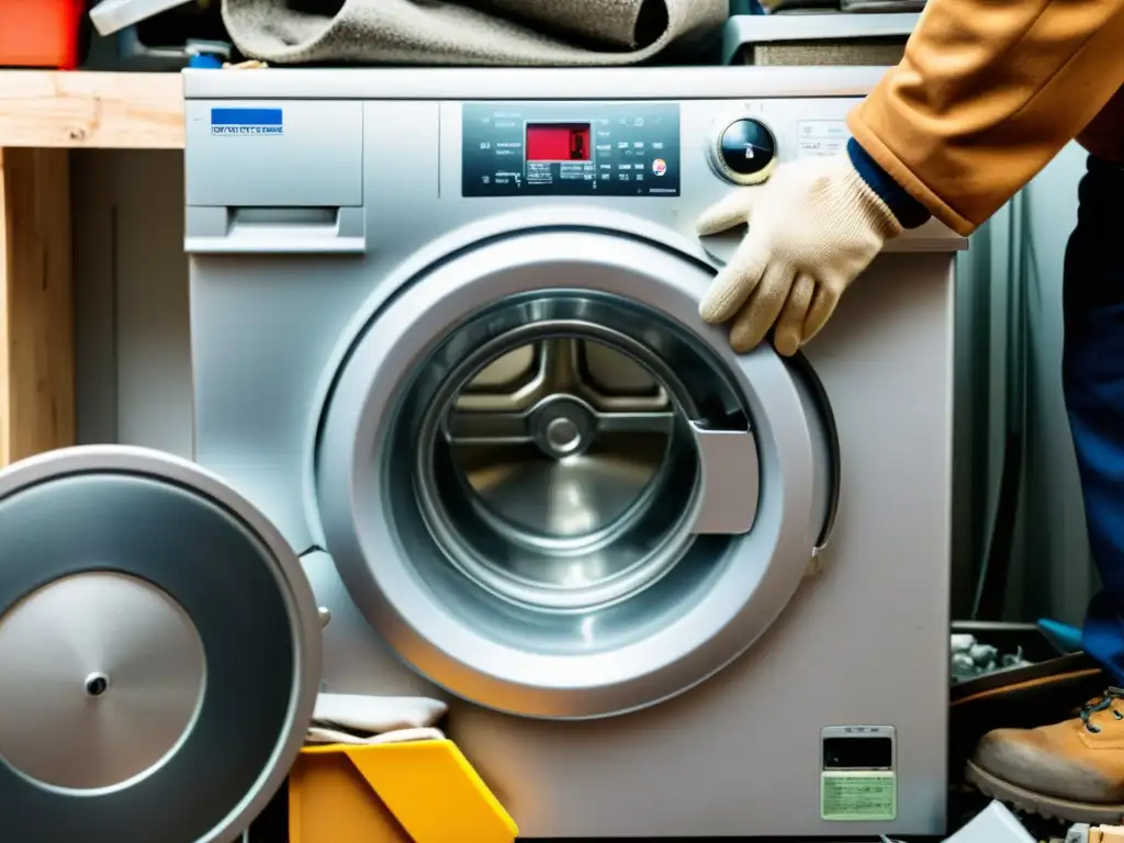 Manos desmontando una lavadora vieja en un taller organizado, enfocadas en reciclar electrodomésticos viejos ganar dinero