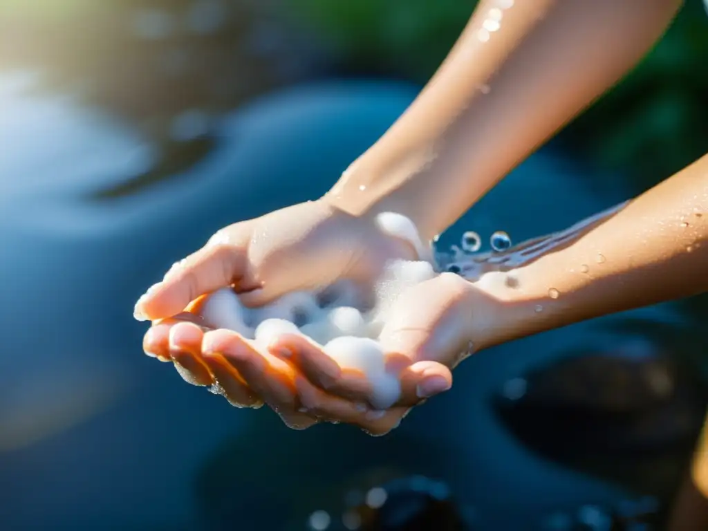 Manos limpias bajo agua pura, resaltando los beneficios de lavadoras para piel